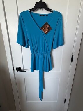 NWT: IMAN Blue Wrap Peplum Top with Tie Waist